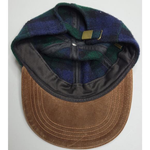 Lands' End Wool Blue Green Plaid Cap Tan Genuine Suede Bill Adjustable - Picture 5 of 7